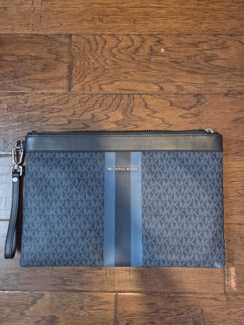 Michael Kors Men's Blue and Black Logo Wristlet Pouch with Center Stripe
